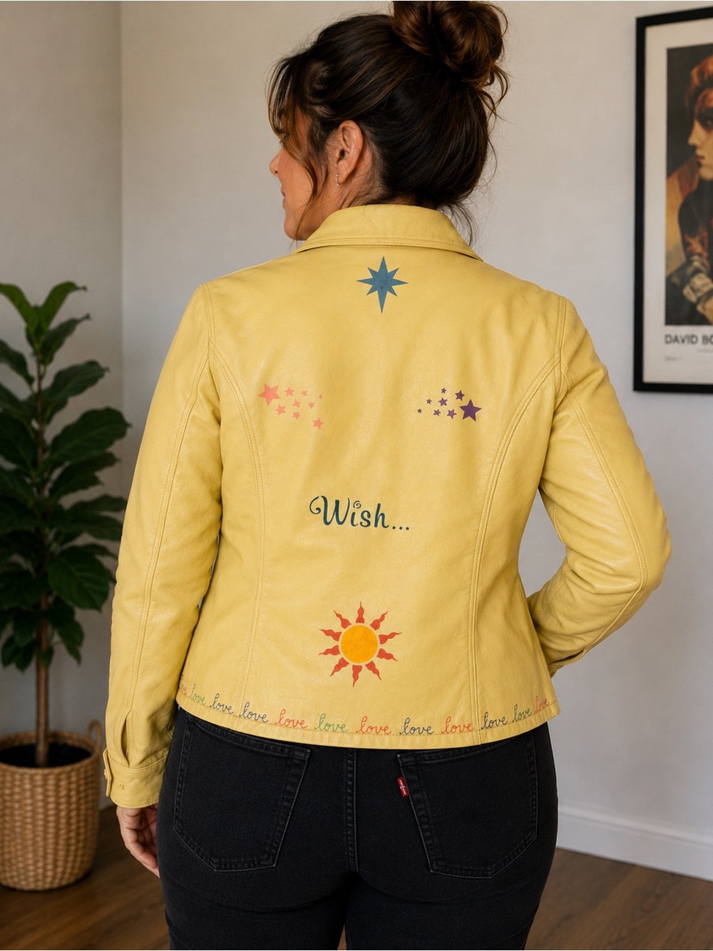 Vintage Nicola Berti Yellow Genuine Leather Hand Painted Jacket Italy Boho Art